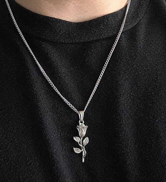 silver rose pendant on a 2mm cuban link chain