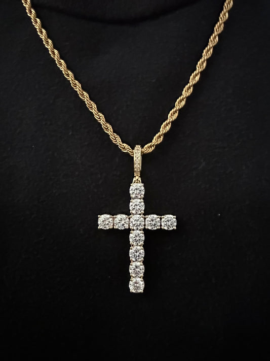 18k gold iced out cross with diamonds in to around a 3mm rope chain 