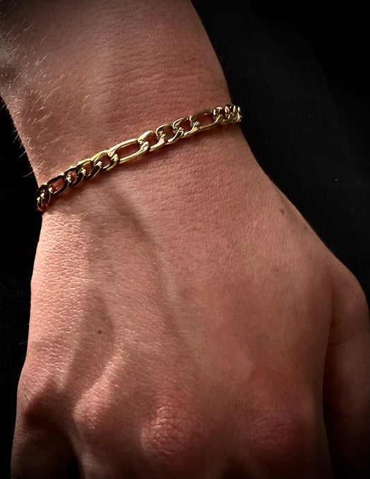 Men’s shiny gold bracelet on a models wrist